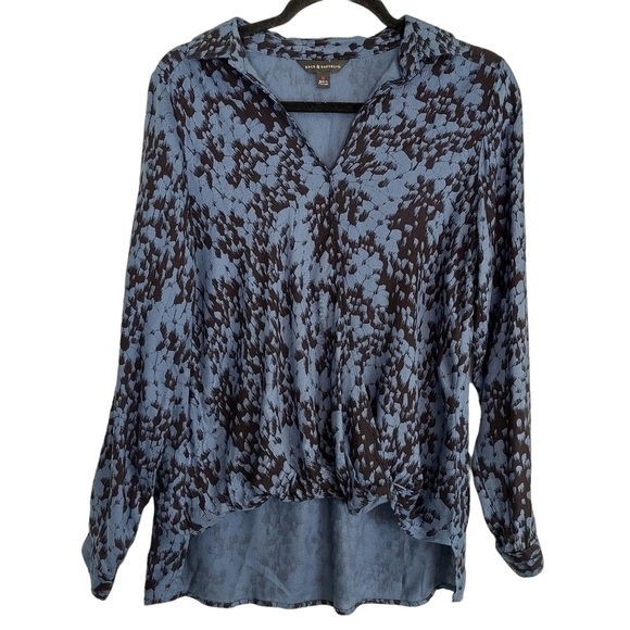 Rock & Republic V Neck Cross Over High-low Top Floral Print Design Blue Black M. - Picture 1 of 10